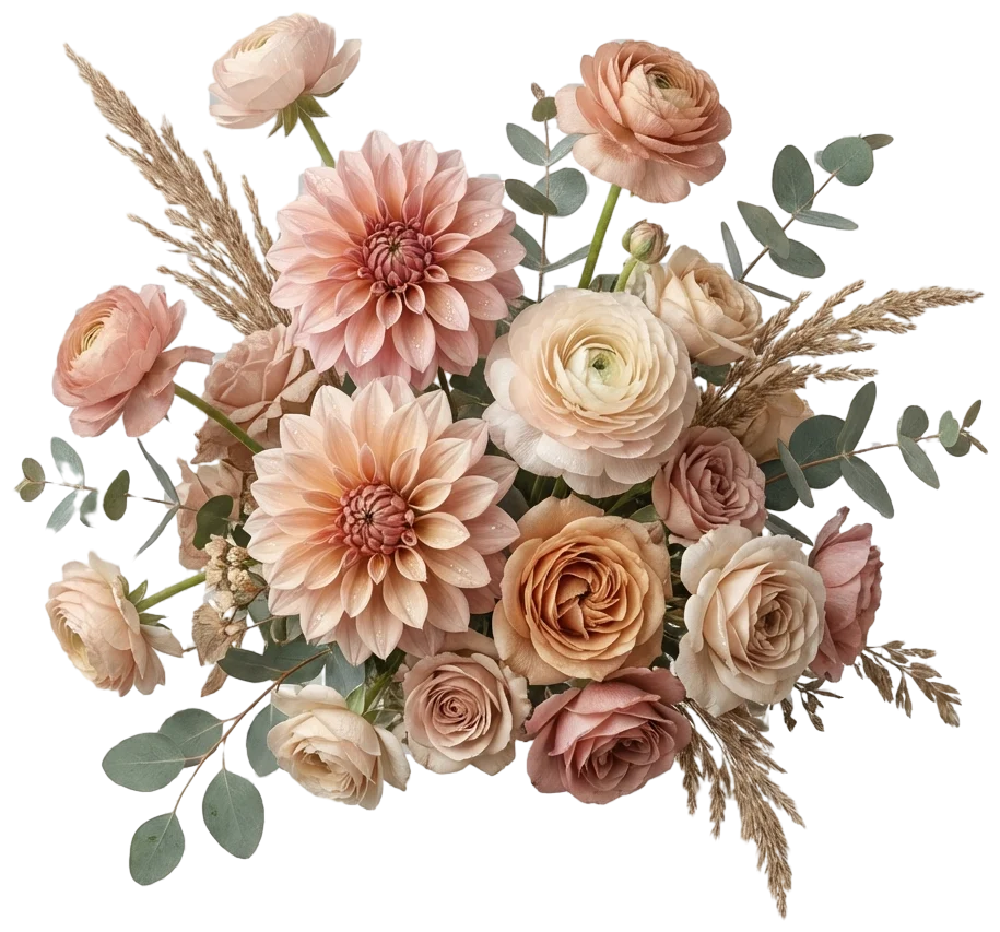 Blush and peach bouquet of ranunculus, dahlias and eucalyptus