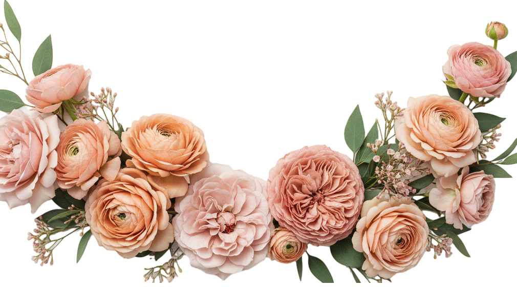 Garland of peach and blush roses and ranunculus with eucalyptus